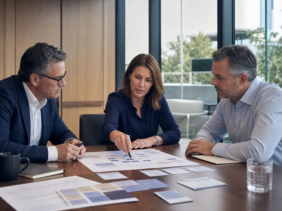 Three colleagues around a boardroom table working through a printed process diagram, one of them pointing at a step on the page.