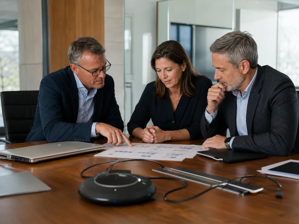 Three colleagues seated together reviewing a printed system diagram on a meeting-room table, with a laptop and conference speaker beside them.