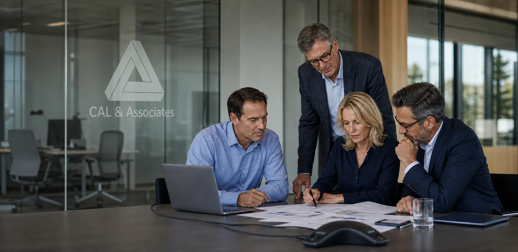 Four colleagues reviewing printed analyses and a laptop around a conference table, with the CAL & Associates mark etched into the glass partition behind them.