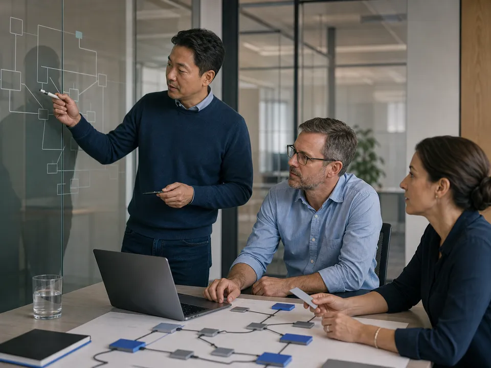 A colleague at a glass wall drawing an architecture diagram while two others follow from a table holding a laptop and a printed integration map.